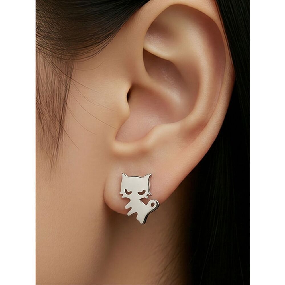Cat Silhouette Stud Earrings Dainty Silver Stainless Steel Minimalist Pet Lover